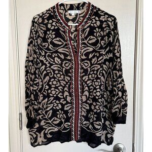 Karyn Seo Floral Paisley Print Trim‎ Embroidery Tunic Blouse Women's XL Black L2